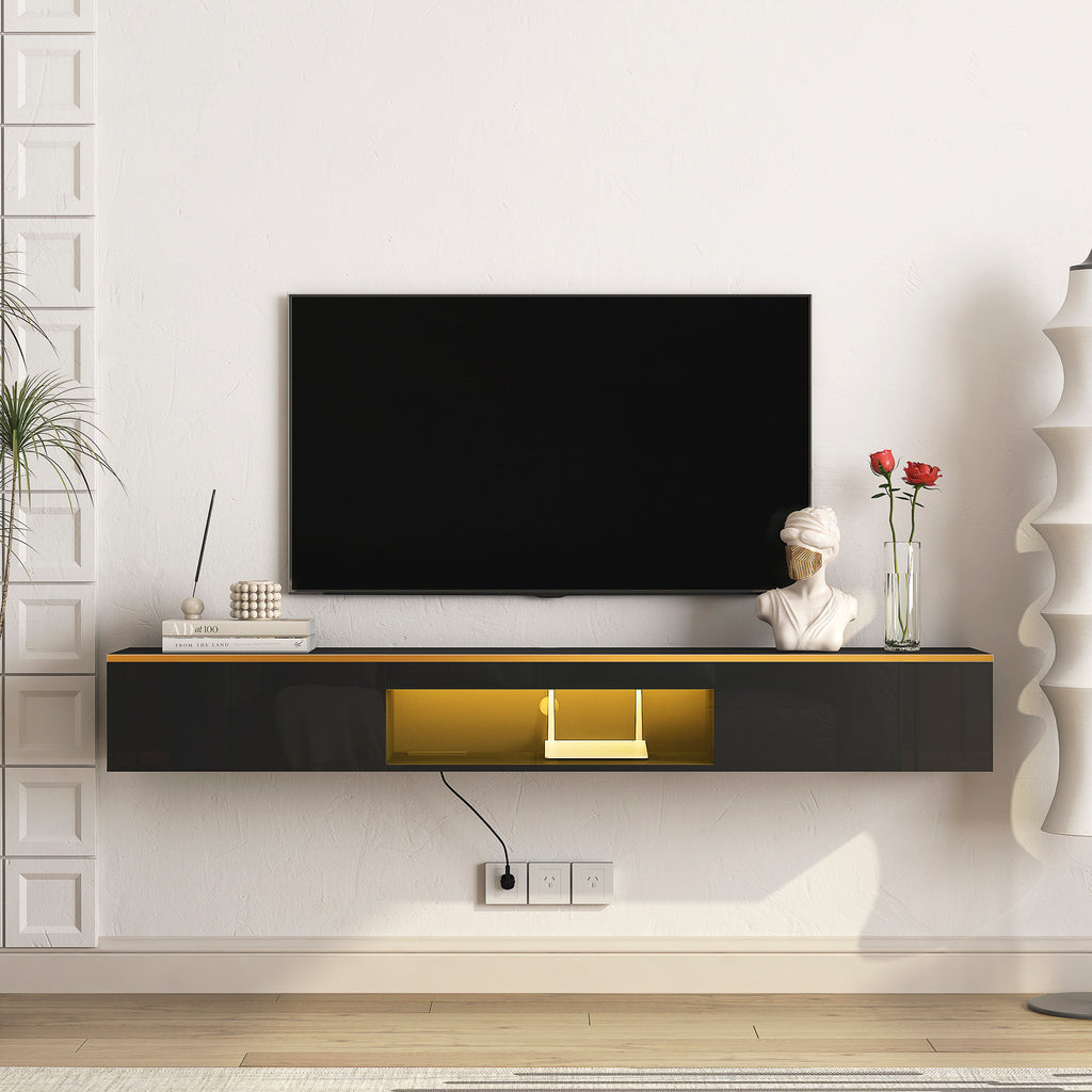 Floating TV Stand Wall Mounted With 16 Color LEDs,Modern TV Stand, Floating TV Cabinet Entertainment Center For 55 60 65 Inch TV,Black