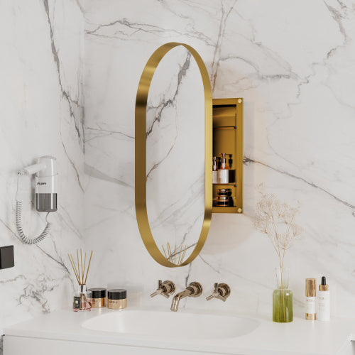 20x34 Inch Oval Recessed Medicine Cabinet, Metal Framed Bathroom Wall Cabinet With Mirror And Adjustable Shelves, Matte Gold