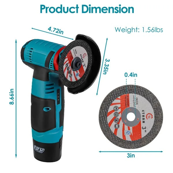 12V Cordless Mini Angle Grinder Hand Polishing Grinding Machine Cordless Cutter Grinding Tool With 7Pcs Disc 2Pcs 1100mAh Batteries And Charger Hex Key
