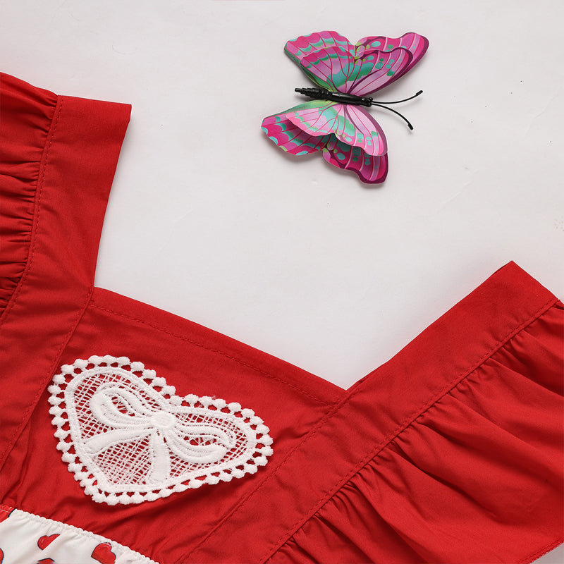 Baby Newborn Comfortable Romper, Sweet Heart & Bow Print Onesie With Ruffle Trim And Snap Closure