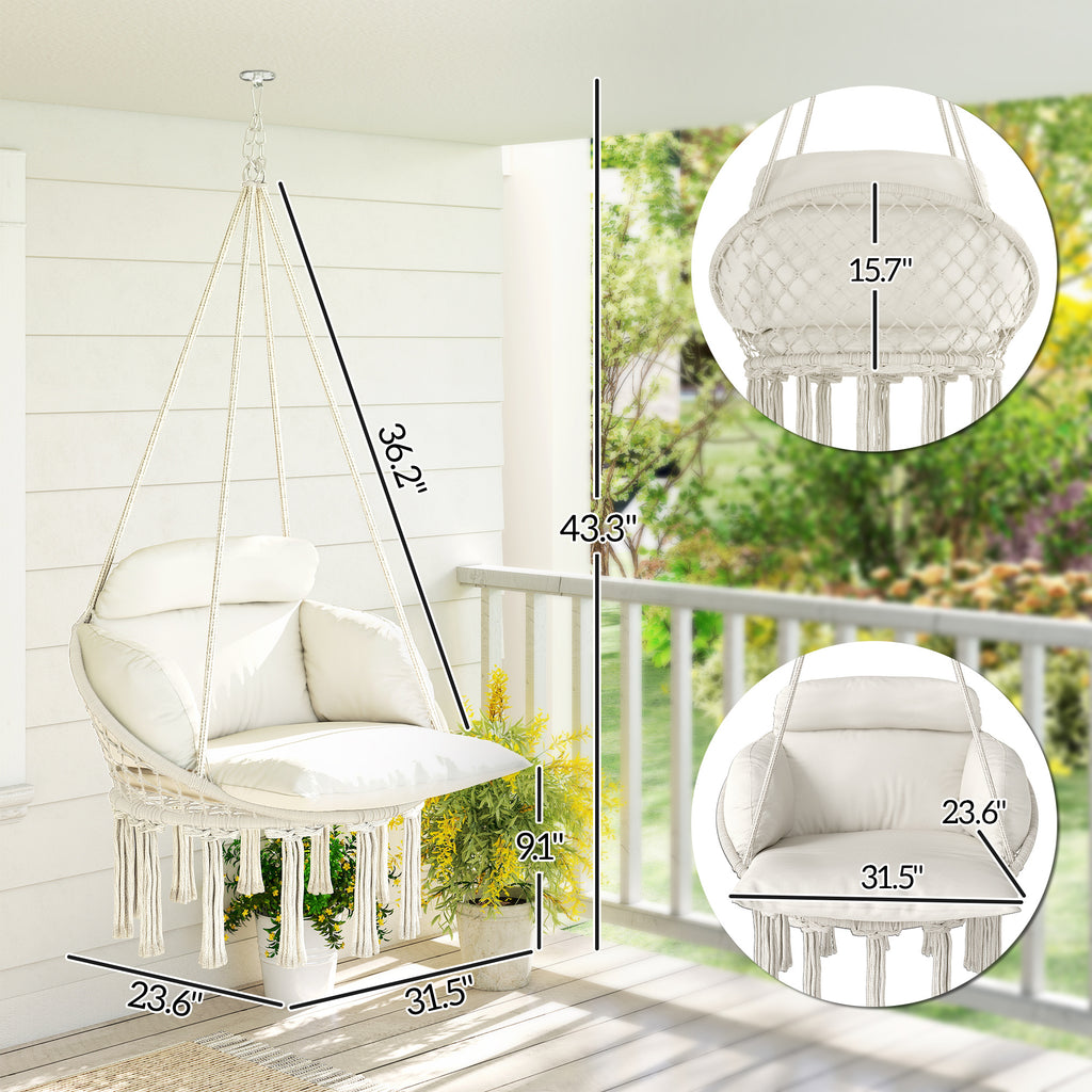 Hammock Swing Chair, Hanging Chair With Large Cushion, Chain, Steel Frame For Indoor Outdoor Use, Cream White