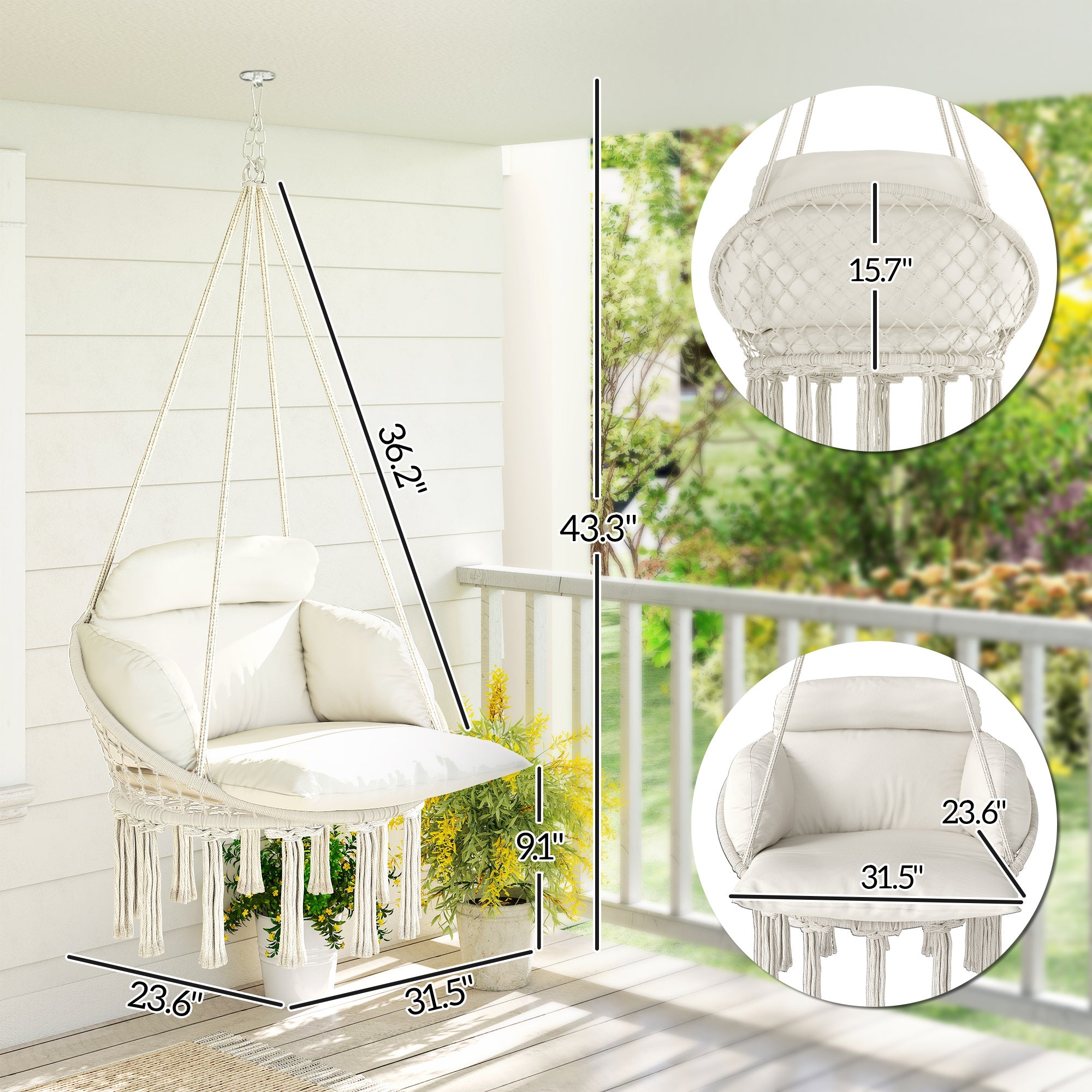 Hammock Swing Chair, Hanging Chair With Large Cushion, Chain, Steel Frame For Indoor Outdoor Use, Cream White