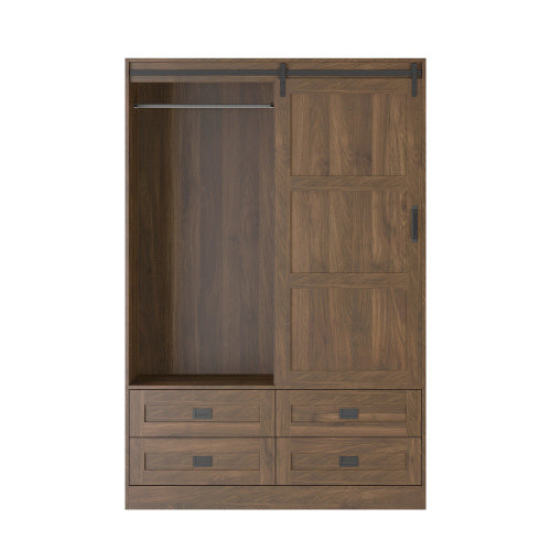 Tall Bedroom Armoire Wardrobe Closet Clothing Storage Cabinet With Hanging Rod Barn Door Drawers Open Shelves