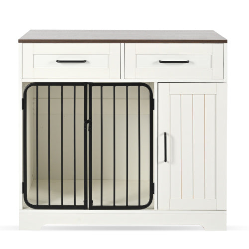 Dog Crate Furniture, Indoor Dog Kennel With 2 Drawers And Storage Cabinet, Modern Furniture Dog Crate Side End Table For Small Medium Dogs, White