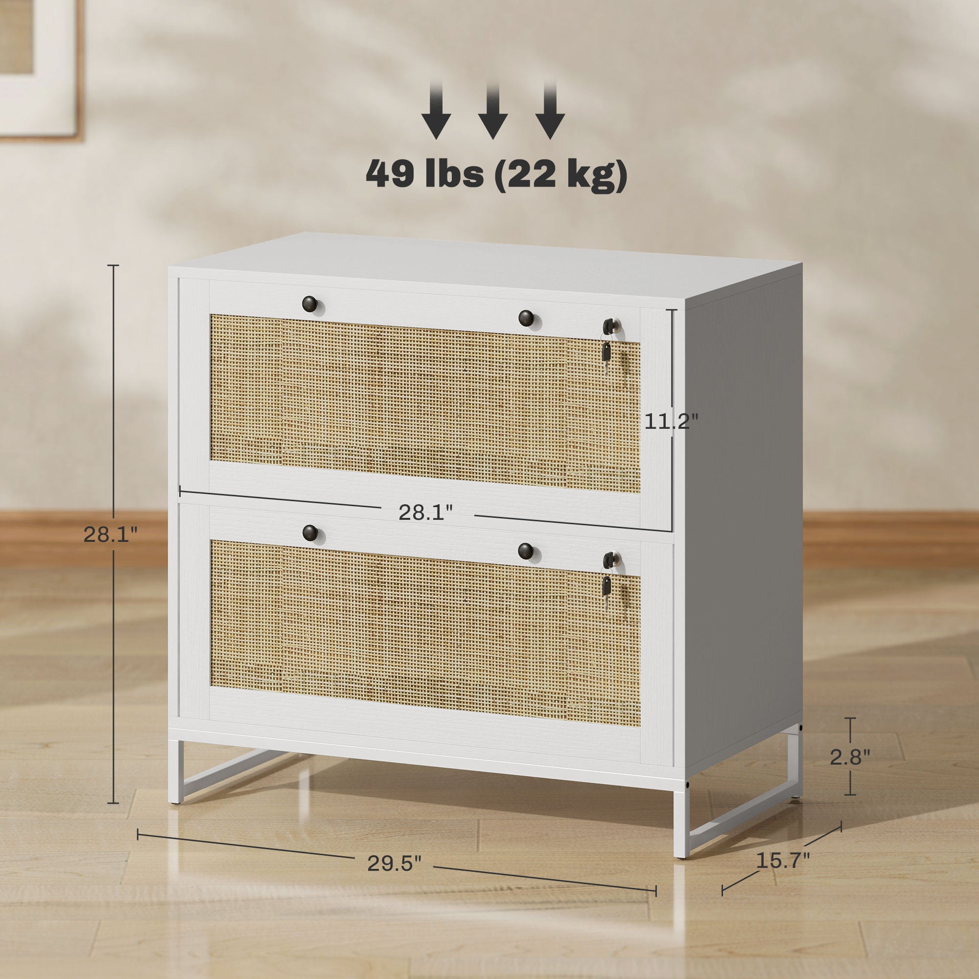Lockable Filing Cabinet, Boho 2 Drawer File Cabinet With Adjustable Hanging Bar For Letter, A4 And Legal Size, White