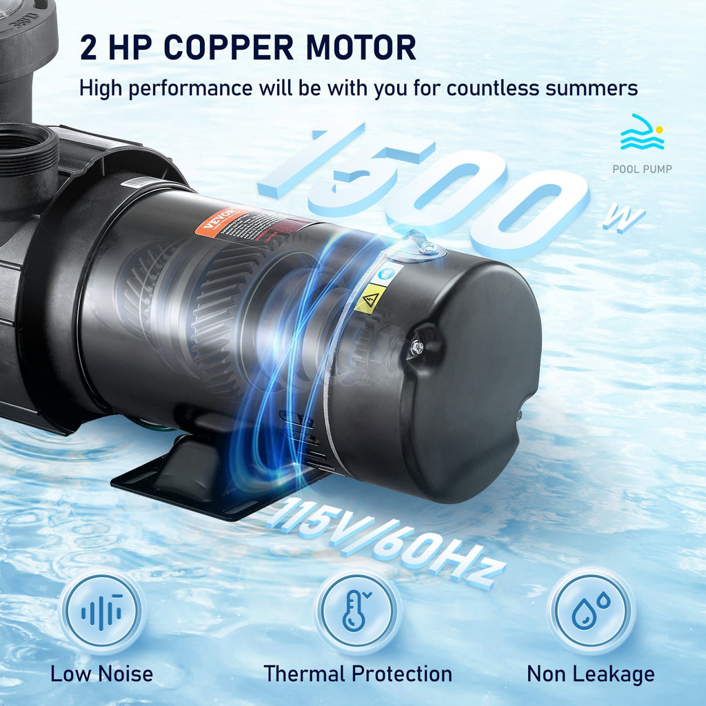 VEVOR Swimming Pool 2.0HP 115V 1500W, Single Speed Pumps For Above Ground Pool, Strainer Basket, 5400 GPH Max. Flow, ETL Certification