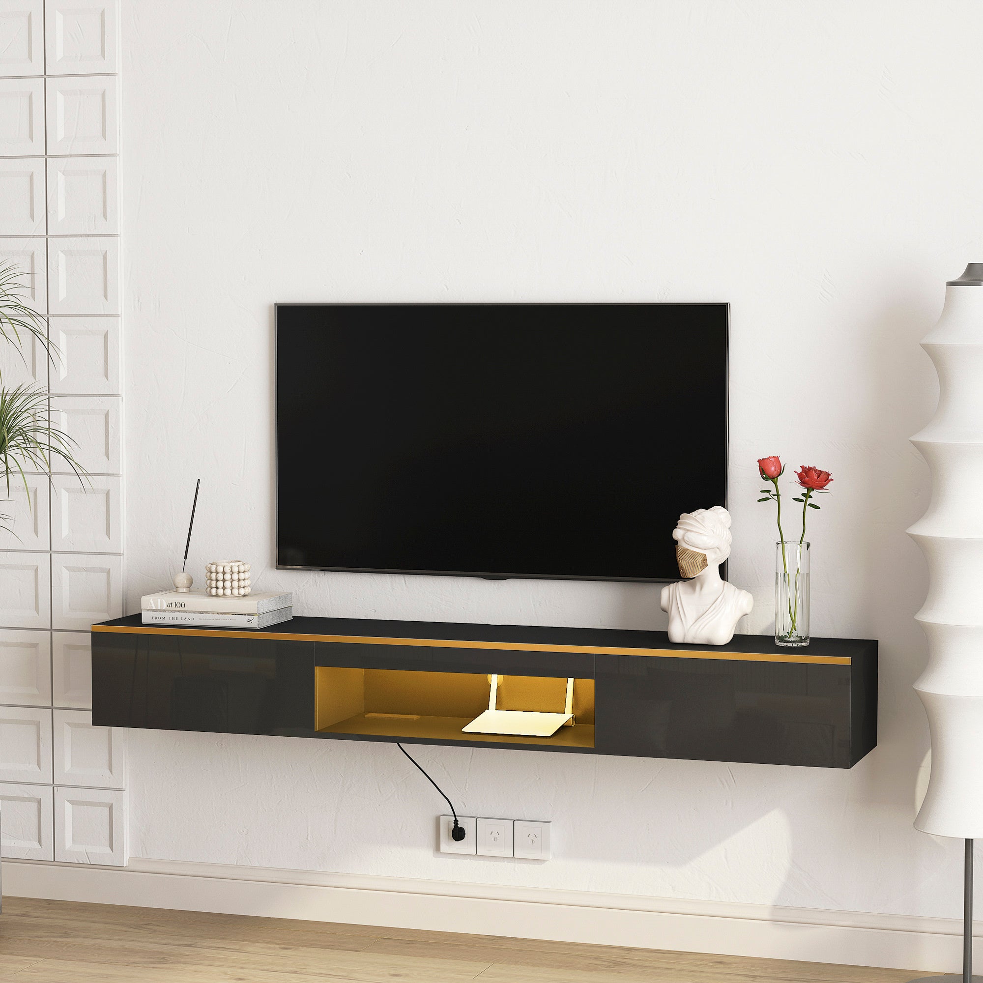 Floating TV Stand Wall Mounted With 16 Color LEDs,Modern TV Stand, Floating TV Cabinet Entertainment Center For 55 60 65 Inch TV,Black