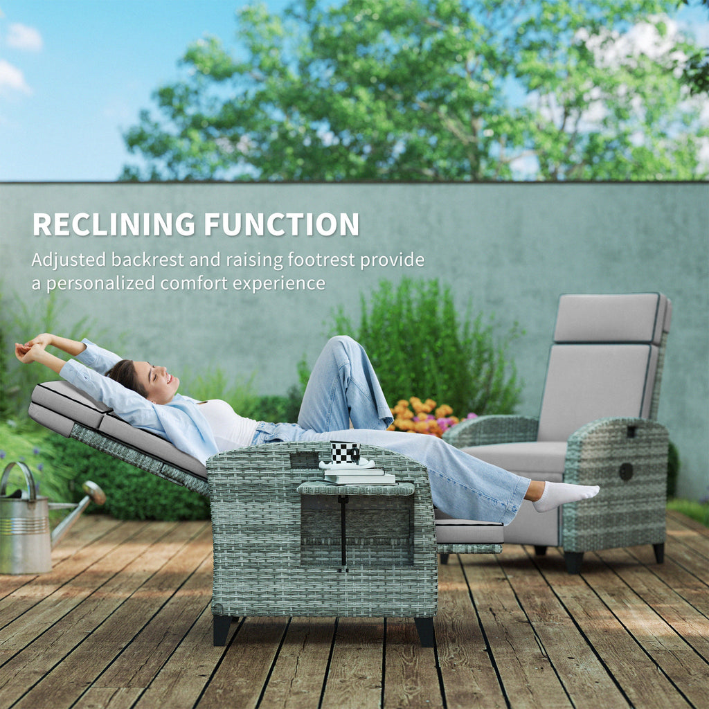 Outdoor Recliner Chair With Cushions, Reclining Patio Lounge Chair With Adjustable Footrest, Armrests, Tray Table, Gray