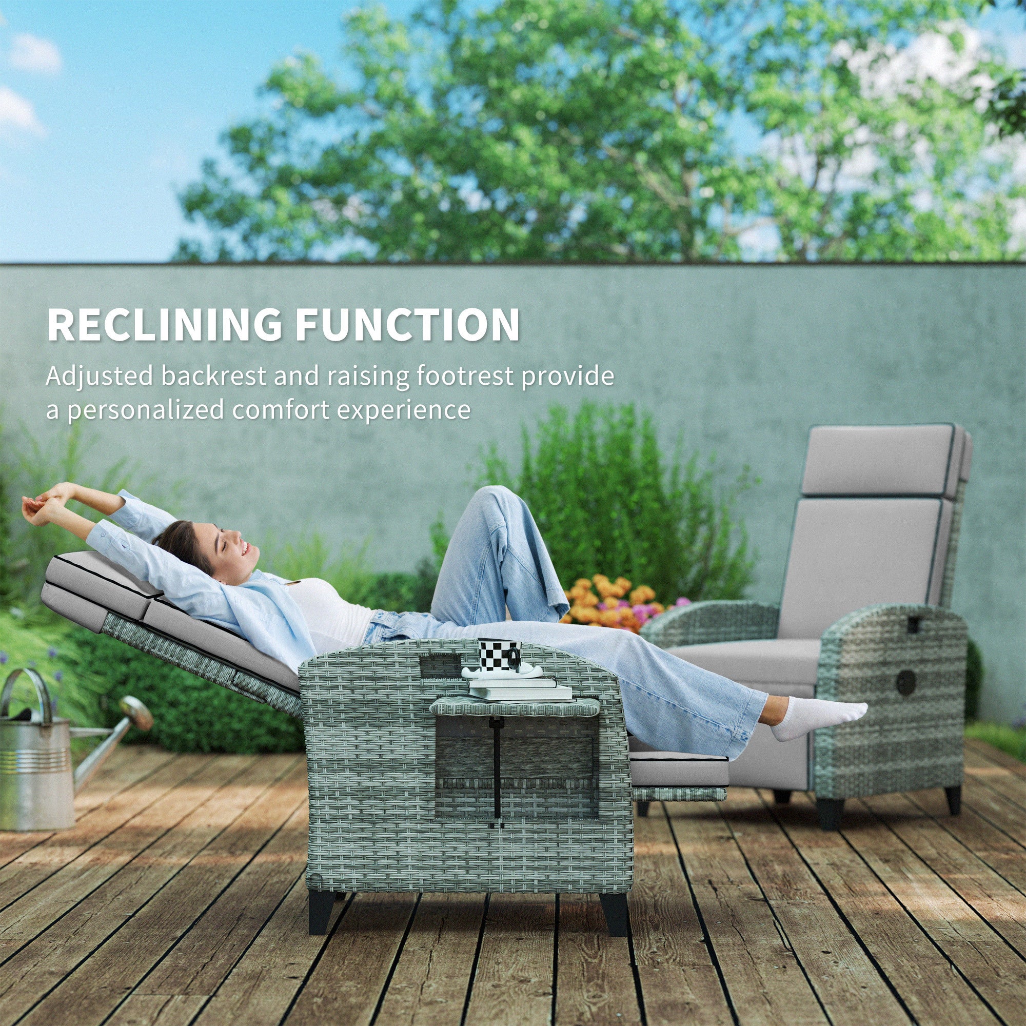 Outdoor Recliner Chair With Cushions, Reclining Patio Lounge Chair With Adjustable Footrest, Armrests, Tray Table, Gray
