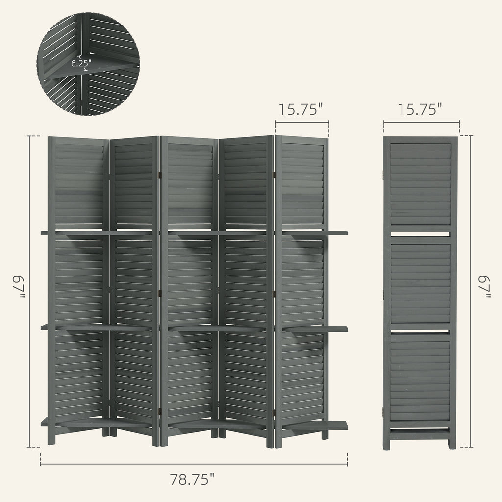 5 Panel 67 Tall Wood Privacy Screen Room Divider With 3 Shelves And Folding Storage For Bedroom, Gray