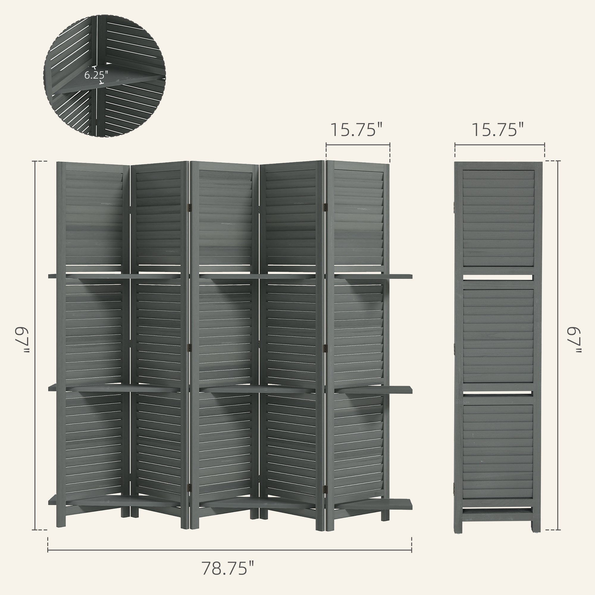 5 Panel 67 Tall Wood Privacy Screen Room Divider With 3 Shelves And Folding Storage For Bedroom, Gray