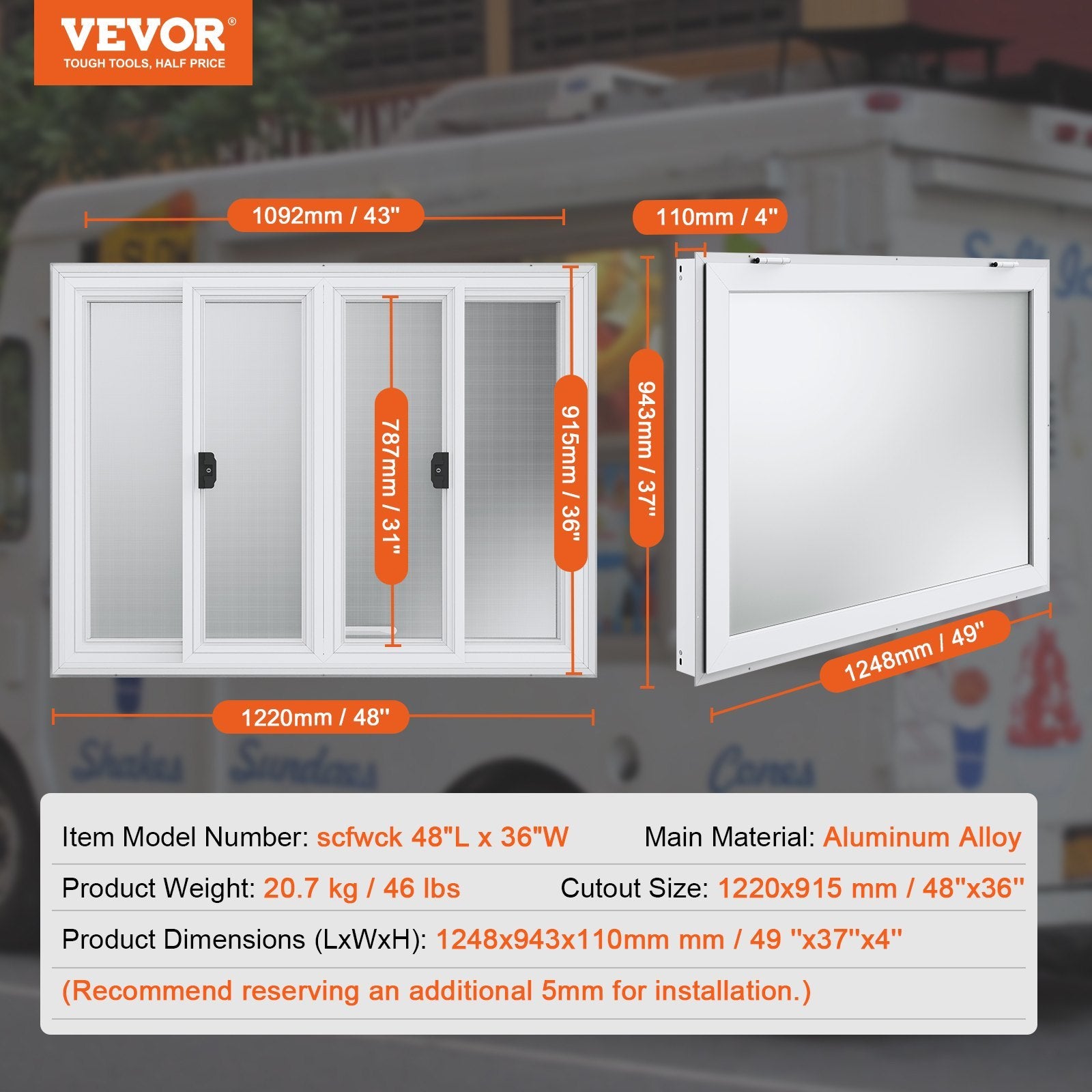 VEVOR Concession Window, Aluminum Alloy Food Truck Service Window With 4 Horizontal Sliding Windows & Awning Door & Drag Hook, Up To 85 Degrees Serving Window For Food Truck Concession Trailer