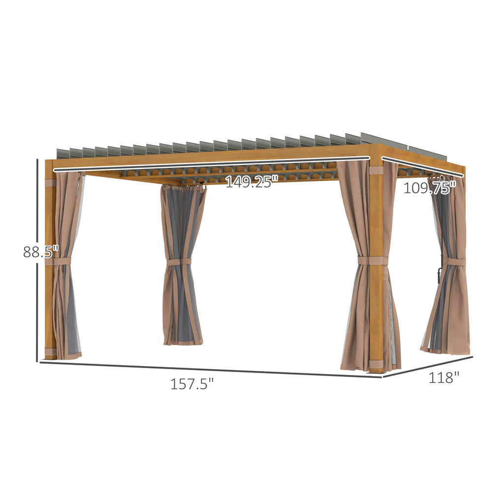 DIY 10 X 13 Outdoor Retractable Pergola WSun Shade Louvered Top, Pergola W Canopy, Curtains, Netting, Natural Wood