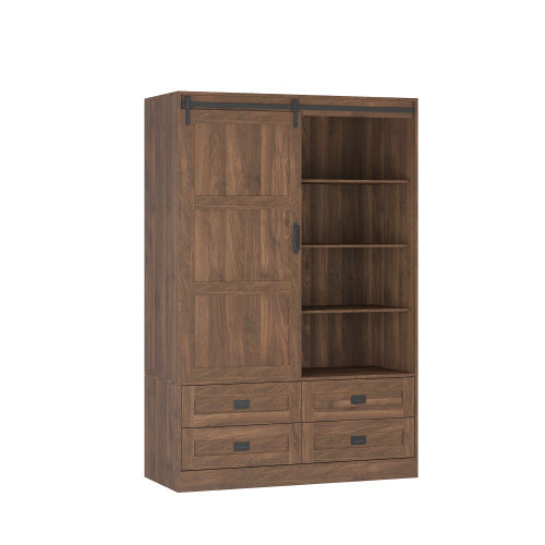 Tall Bedroom Armoire Wardrobe Closet Clothing Storage Cabinet With Hanging Rod Barn Door Drawers Open Shelves