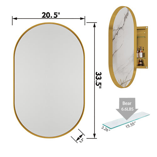 20x34 Inch Oval Recessed Medicine Cabinet, Metal Framed Bathroom Wall Cabinet With Mirror And Adjustable Shelves, Matte Gold