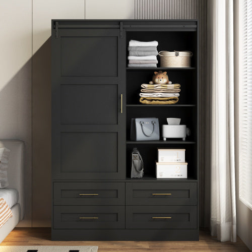 Tall Bedroom Armoire Wardrobe Closet Clothing Storage Cabinet With Hanging Rod Barn Door Drawers Open Shelves