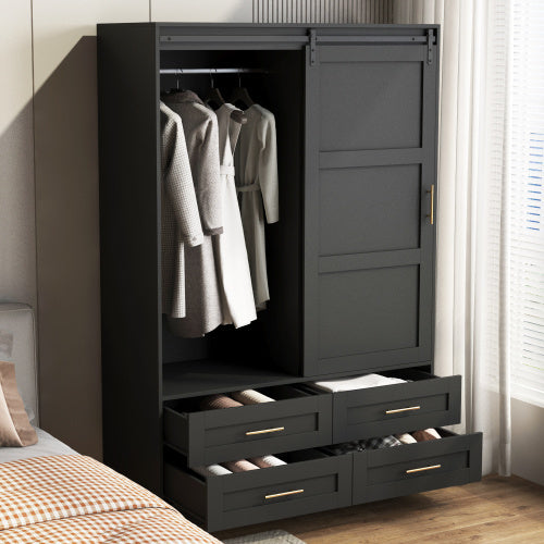 Tall Bedroom Armoire Wardrobe Closet Clothing Storage Cabinet With Hanging Rod Barn Door Drawers Open Shelves