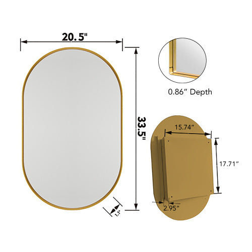 20x34 Inch Oval Recessed Medicine Cabinet, Metal Framed Bathroom Wall Cabinet With Mirror And Adjustable Shelves, Matte Gold