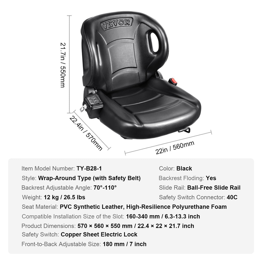 VEVOR Universal Forklift Seat,Tractor Seat With Adjustable Angle Back, Micro Switch And Seatbelt,Wrap-around Forklift Seat For Tractor Loader Excavator