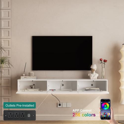 Floating TV Stand Wall Mounted With 16 Color LEDs,Modern TV Stand, Floating TV Cabinet Entertainment Center For 55 60 65 Inch TV,White