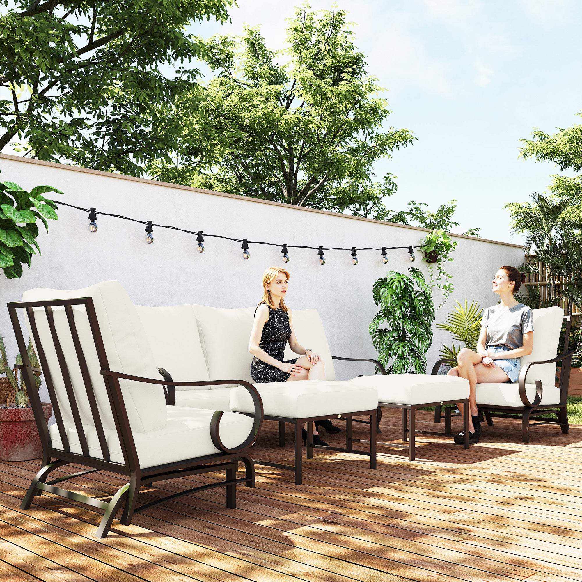 5 Piece Backyard Patio Furniture Set, Outdoor Furniture Set With 2 Rocking Chairs, 3-Seat Sofa, And 2 Ottomans, Beige