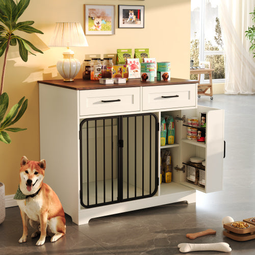 Dog Crate Furniture, Indoor Dog Kennel With 2 Drawers And Storage Cabinet, Modern Furniture Dog Crate Side End Table For Small Medium Dogs, White