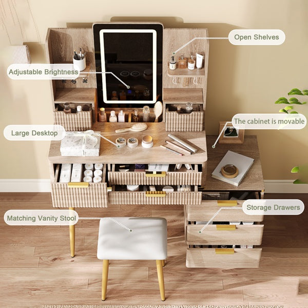 7-Drawer Vanity Desk With LED Mirror & Carved Details, Fluted Makeup Table With Metal Legs And PU Stool, Carved Dressing Table With Jewelry Storage For Bedroom